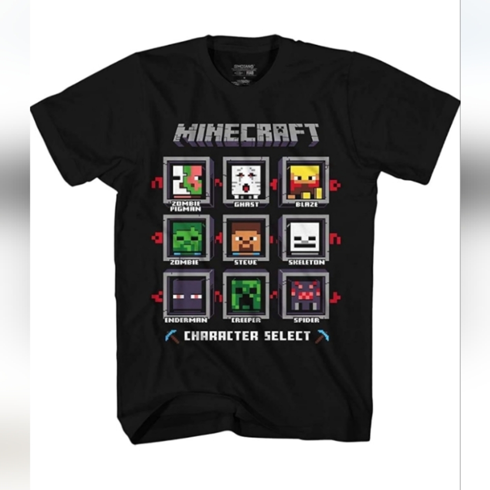 Minecraft Character Select Big Boys Licensed T-Shirt- Black-Youth Small New